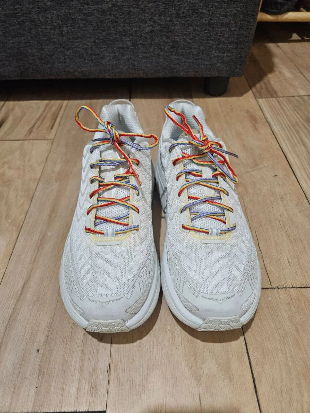 Hoka x Outdoor Voices Clifton Sneaker in White / Rainbow Laces (8)